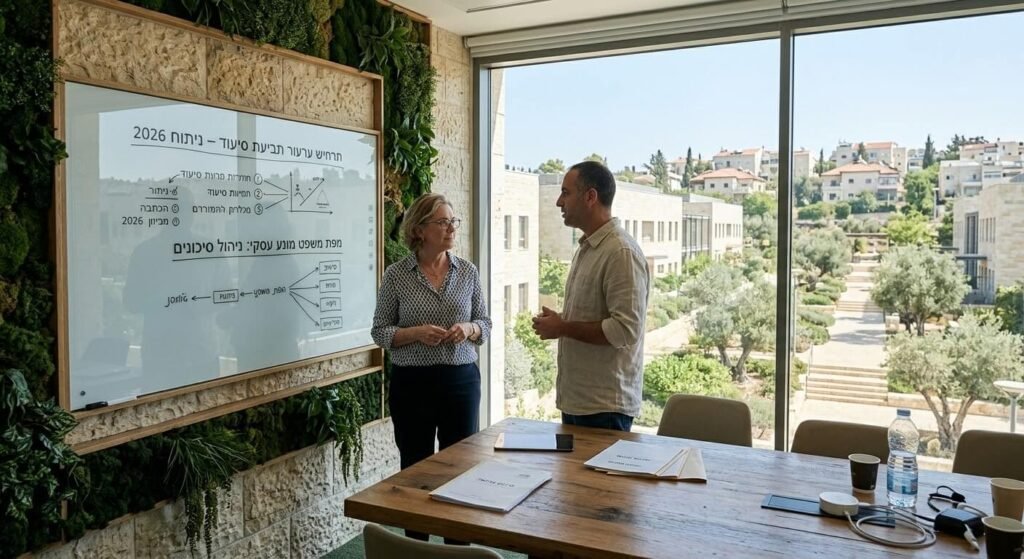 עורך דין אסטרטגי ולקוח בשיחת ייעוץ על ניהול סיכונים ומשפט מונע במשרד מודרני בשנת 2026, עם נוף אורבני מתקדם.