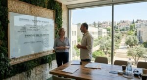 עורך דין אסטרטגי ולקוח בשיחת ייעוץ על ניהול סיכונים ומשפט מונע במשרד מודרני בשנת 2026, עם נוף אורבני מתקדם.