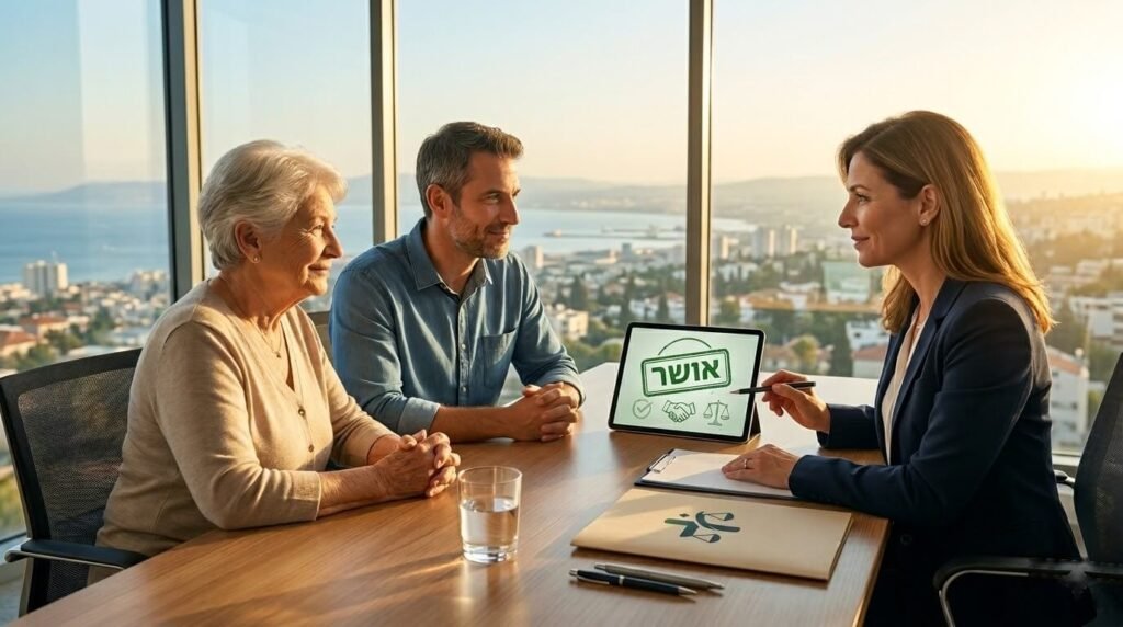 יועצת מומחית בשיחת מימוש זכויות עם משפחה לאחר אישור ערעור תביעת סיעוד ב-2026, אווירה של הקלה וביטחון